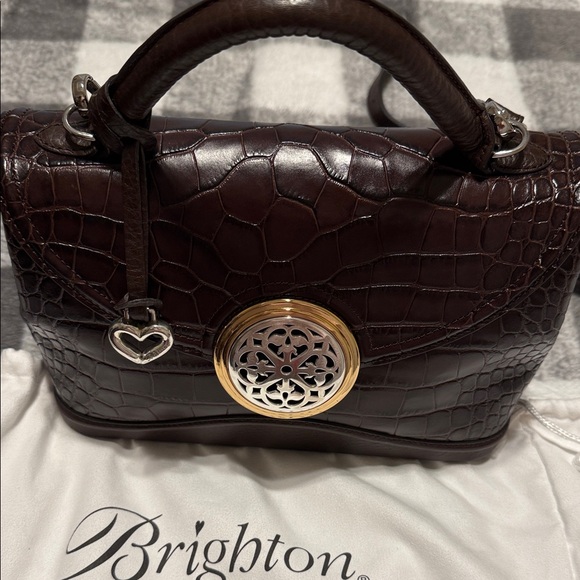 Brighton Handbags - Brighton Dark Brown Croc-Embossed Top Handle Crossbody with Gold Accent